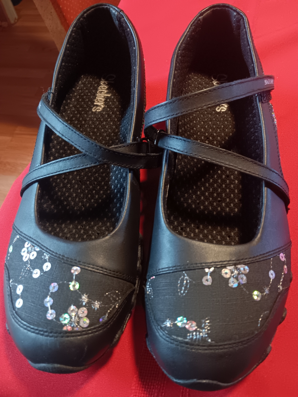 Skechers Black Mary Jane Flats with Iridescent Sequin Accents